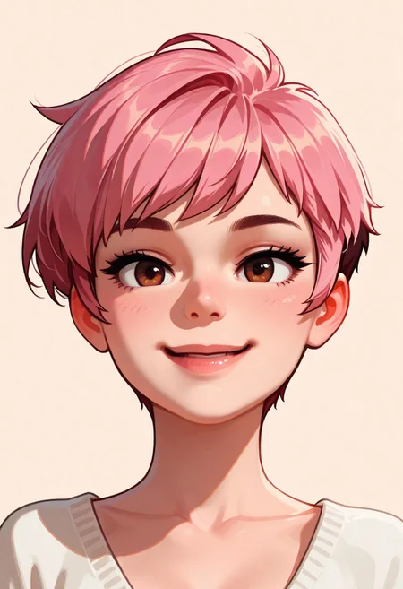 chibi, high contrast, masterpiece, best quality, amazing quality, very aesthetic, retro artstyle, realistic, promotional art, newest, volumetric lighting.
(artist:incase:0.5), (artist:tsuaii:0.5), color theory,
1girl, face, solo, straight-on, focus on face, front view, portrait, (happy: 1.5), Pixie cut, pink hair, brown eyes, luminescent background, simple background.