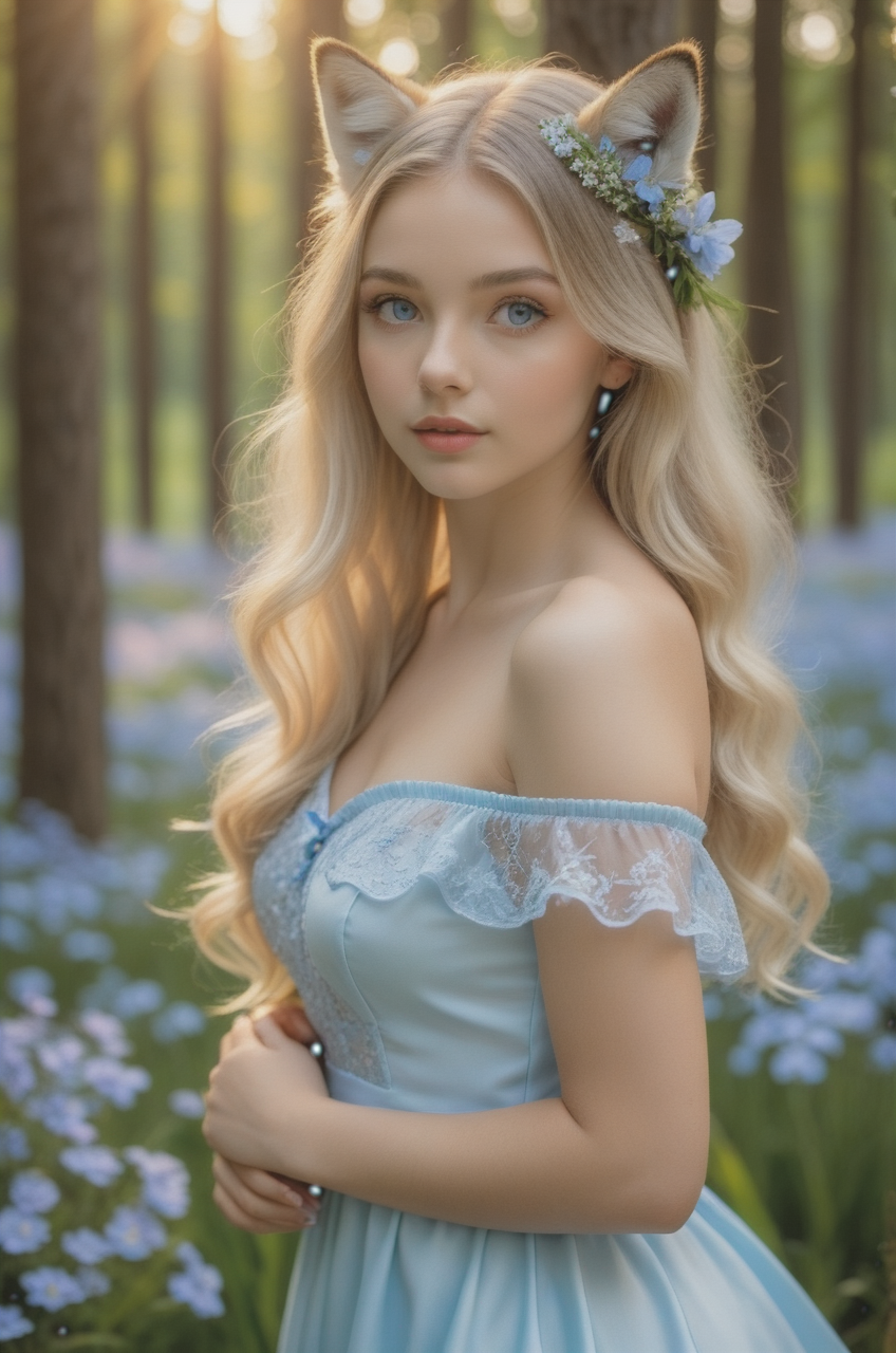 beautiful petite 20yo girl in (light blue:1.4) shiny summerdress, off shoulder, ((perfect eyes)), perfect lips, perfect nose, perfect hands, ((perfect fingers)), shiny long (blond:2.6) (black tips:1.3) hair, full body, standing near a fox in a realistic detailed forest, perfect colorful flowers, perfect trees, perfect grass, perfect butterflies, perfect flower in hair (sunset:1.5) <lora:add-detail-xl:2.1>, vivid colors, sharp focus, beautiful dreamy blue eyes