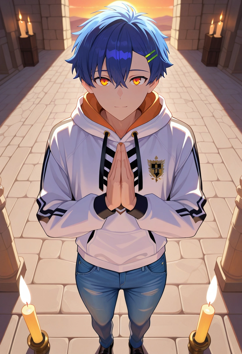 masterpiece, best quality, , , looking at viewer, 1boy, solo, male focus, <lora:yomogi_asanaka_ilxl:0.9>, yomogi_asanaka, blue hair, orange eyes, short hair, bangs, hair between eyes, hairclip, , desert monastery, sandstone halls, glowing candles, serene gardens, praying pose, calm expression, sunset shadows, Champagne Denim Jeans, Lurex Digital print Chartreuse Rugby hoodie, Derby shoes, ,