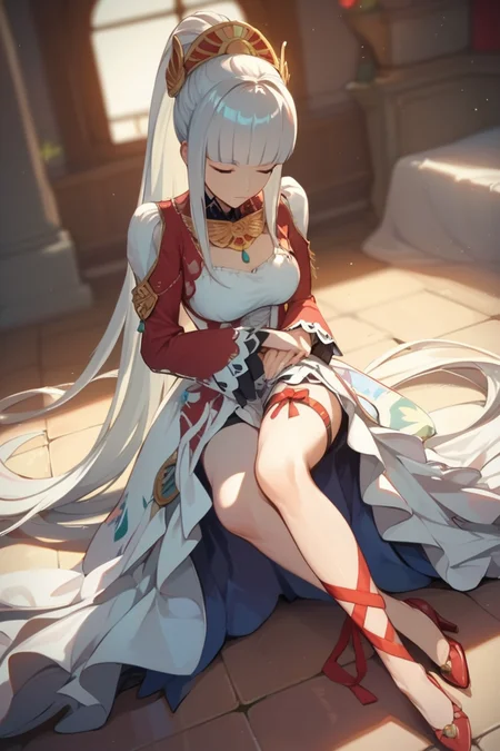 score_9, score_8_up, score_7_up, very aesthetic, source_anime, detailed, high quality, beautiful, masterpiece,
<lora:lightXL:0.8>
indoor, blurry background, lights ray,
cowboy shot, close up, first person view,
medium breasts, sitting, sleeping, eyes closed,
<lora:lailah_autismConfetti_v01:0.95>
lailah \(tales\), silver hair, very long hair, blunt bangs, sidelocks, ponytail, blue eyes, dress, leg ribbon, red high heels, long sleeves, zPDXL