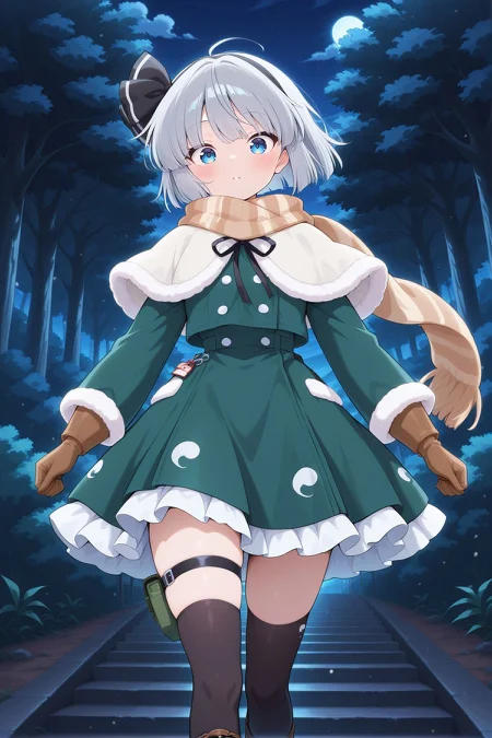 absurdres, highres, masterpiece, best quality, amazing quality, official anime artwork, screencap, anime screencap, outdoors, looking at viewer,
 <lora:Youmu-Konpaku_IllustriousV2:1> konpaku youmu, 1girl, solo, blue eyes, grey hair, short hair,, konpaku youmu \(guest of honor at the party\), alternate costume, hair ribbon, black ribbon, striped scarf, brown scarf, winter coat, green coat, fur-trimmed capelet, white capelet, frilled skirt, brown gloves, black thighhighs, black thigh strap, lace-up boots, brown boots,
night,