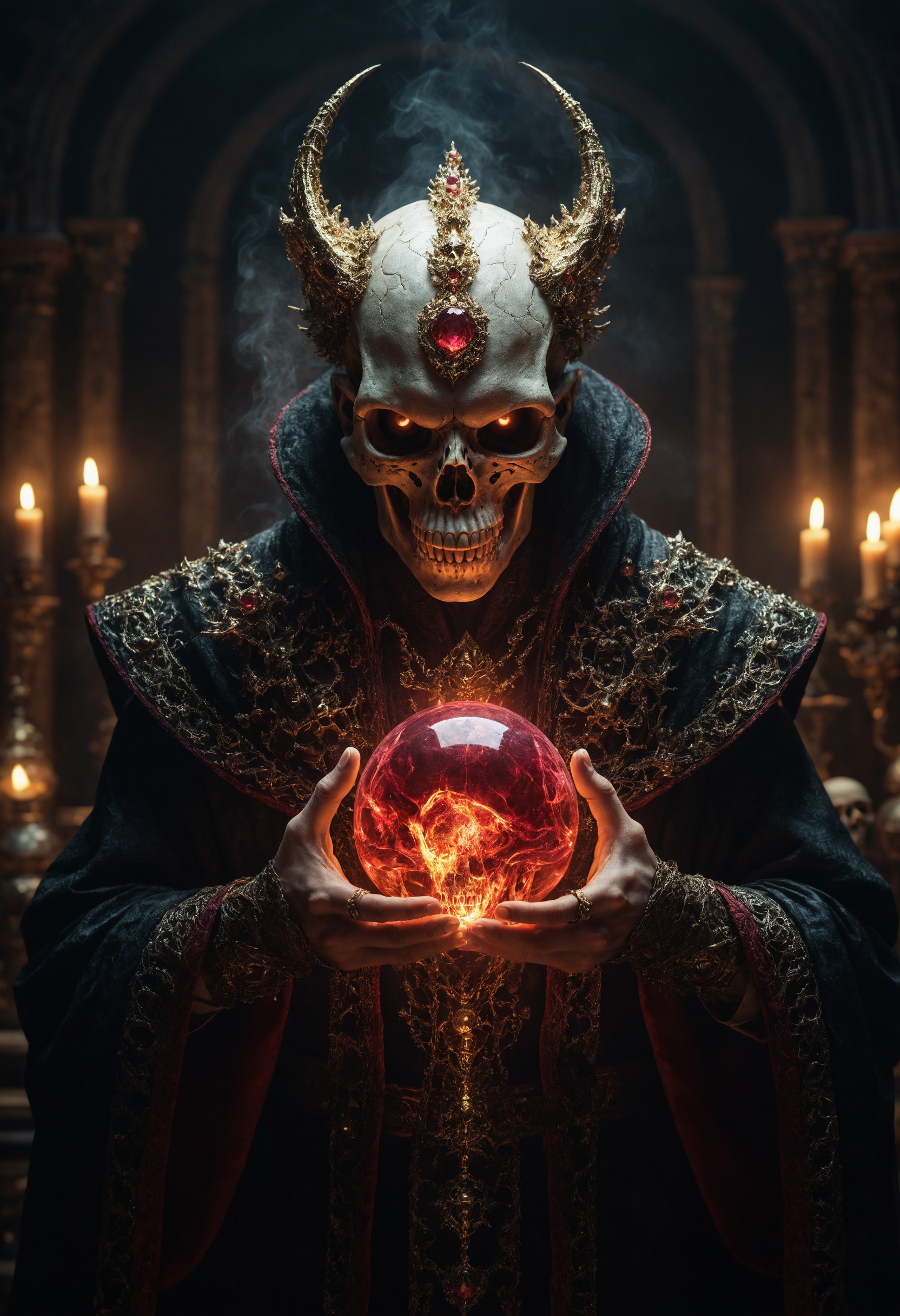 raw, ultra high picture quality, intricate details, Mystical light. Fog. The mage's appearance: evil and mystical, with spiky robes that seem made of black cloth with golden stitches. a ball in one hand and mysterious beast skull in another hand, Rubies, symbolizing their magical power. Glow. a dark evil gaze that hints at their ancient knowledge and mystical prowess. alchemical laboratory, blending the natural with the magical, Soft natural lighting, High Definition HD, High Detail, Perfect Composition, Detailed Structure, Artstation Trends, cinematic, dark fantasy