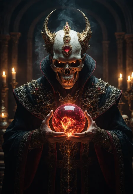 raw, ultra high picture quality, intricate details, Mystical light. Fog. The mage's appearance: evil and mystical, with spiky robes that seem made of black cloth with golden stitches. a ball in one hand and mysterious beast skull in another hand, Rubies, symbolizing their magical power. Glow. a dark evil gaze that hints at their ancient knowledge and mystical prowess. alchemical laboratory, blending the natural with the magical, Soft natural lighting, High Definition HD, High Detail, Perfect Composition, Detailed Structure, Artstation Trends, cinematic, dark fantasy