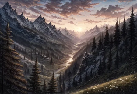 a realistic mountain valley at sunrise, detailed textures, soft natural lighting, atmospheric perspective, realistic clouds and foliage, skyrim
