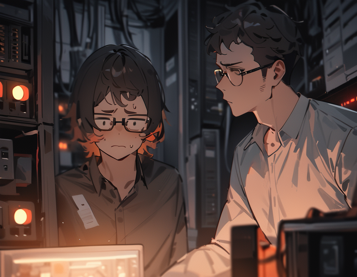 cluttered server room, blinking red warning lights, computer tower on fire, soft diffused lighting, 1boy, tired engineer man using computer, frustrated expression, glasses, collared shirt, detailed background, sfw, masterpiece, newest, absurdres