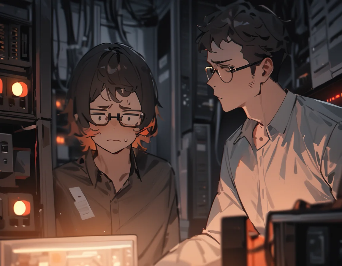cluttered server room, blinking red warning lights, computer tower on fire, soft diffused lighting, 1boy, tired engineer man using computer, frustrated expression, glasses, collared shirt, detailed background, sfw, masterpiece, newest, absurdres