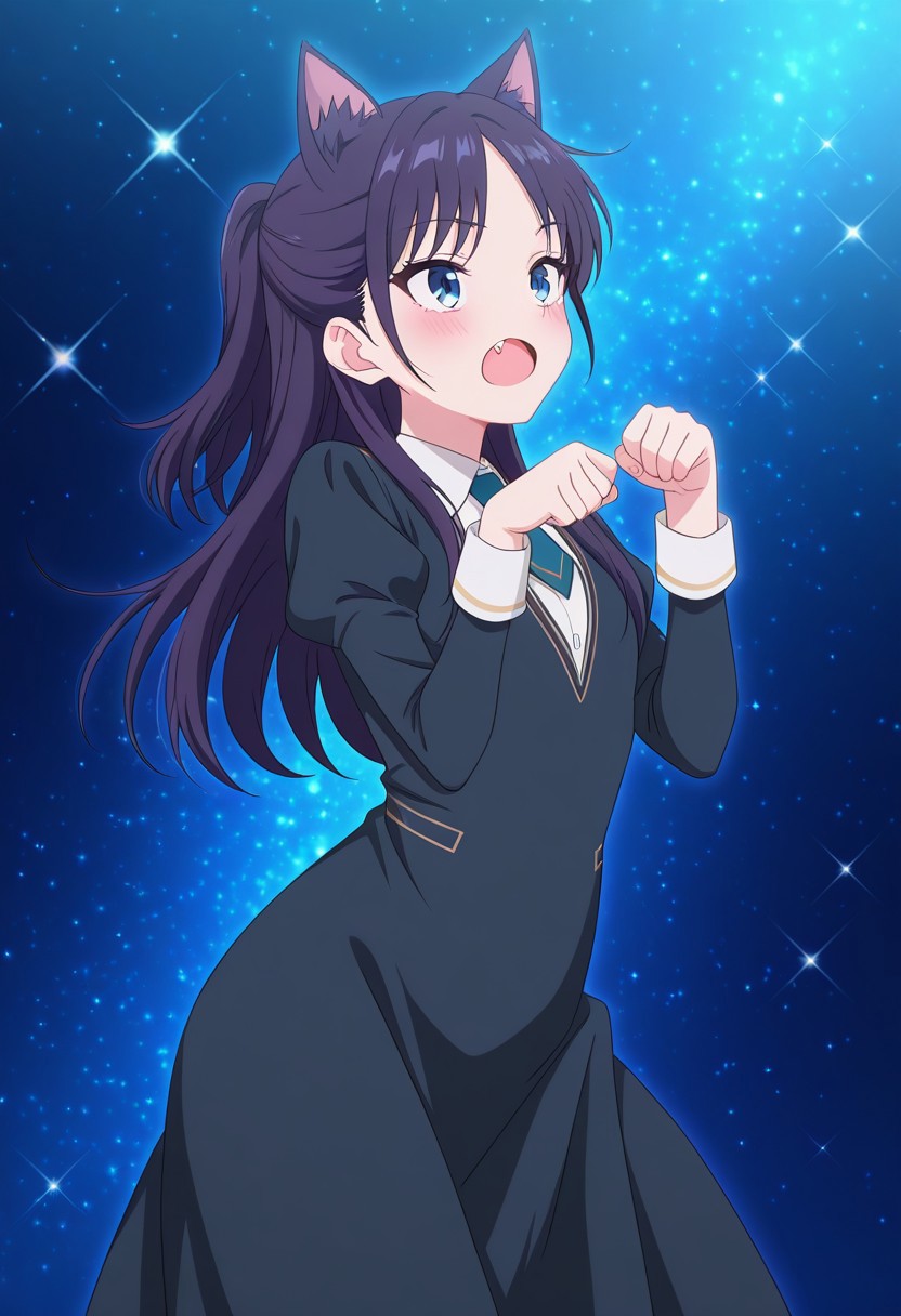 (absurdres, best quality, masterpiece:1.4), amazing quality, highres, newest, detailed, detailed body, detailed face, source anime, anime coloring, beautiful, petite, sparkles background, kemonomimi mode, 
BREAK
WWNemu, 1girl, solo, meowing, nyan, NemuAniHu, dark purple hair, cat ears, parted bangs, half updo, blue eyes, v-neck dress, white inner collared shirt, Short necktie, juliet sleeves, long skirt, paw pose, fang, cute