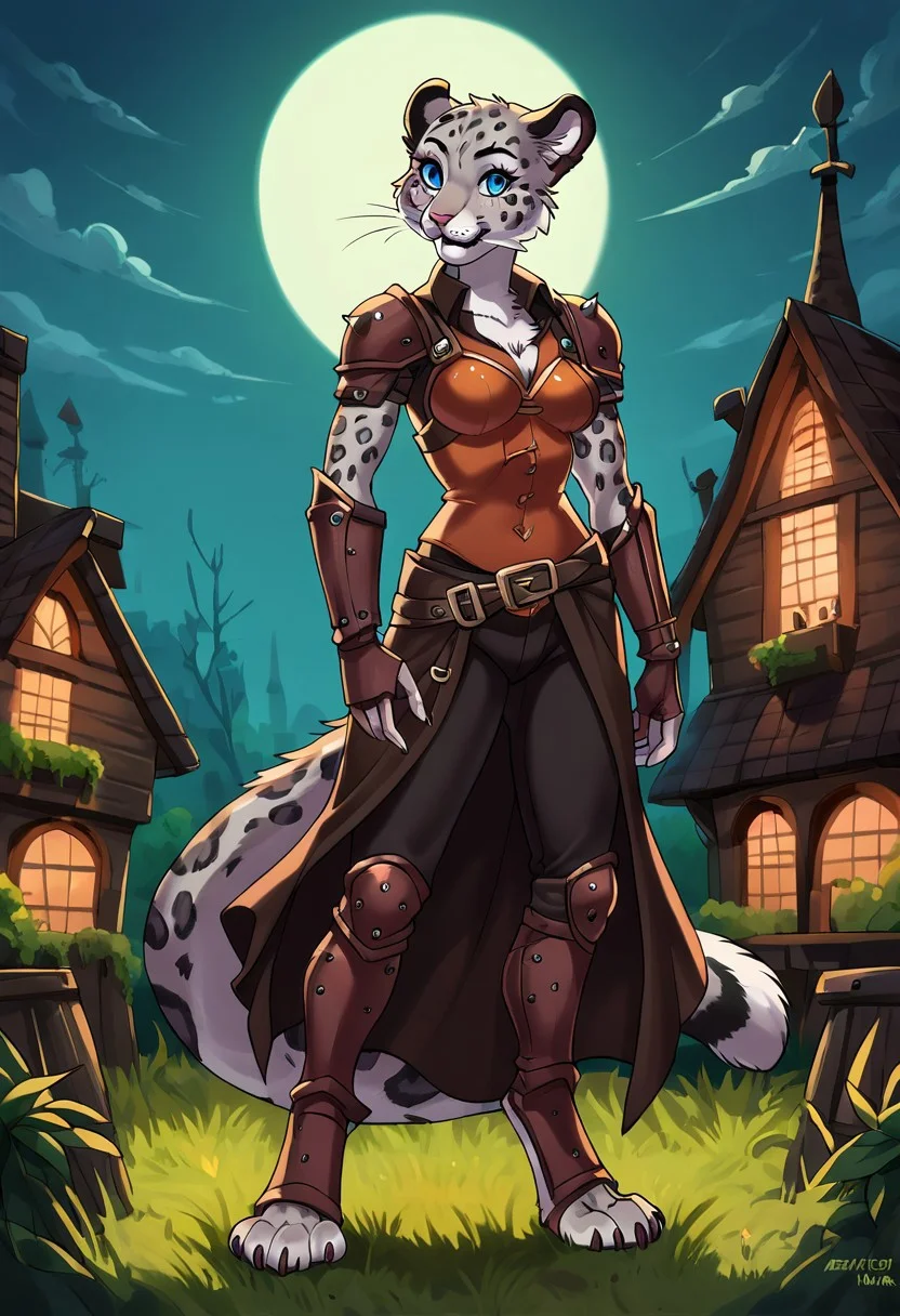 score_9, score_8_up, score_7_up, high quality, best quality, masterpeace, highly detailed, high detail, detailed face, detailed mouth, high quality eyes, detailed eyes, dark shadows, dark night, horror night, horror vibes, scarry, scarry background, grim atmosphere,   , furry, anthro, cute,  tail, dark green grass, dark forest, dark night  ,   1girl, solo, female focus,   (  ,detailed face, beautiful,    , female snow_leopard furry,  , snow_leopard female anthro, snow_leopard girl, blue_eyes, gray_fur, snow_leopard fur, long tail , whiskers, very very short  , digitigrade legs, whiskers,    bald_female,   petite_female, short_female,  bald_female, ,    , whiskers,  detailed fur, , petite, very short, small,  rogue armor, thief armor, fantasy,  ,      ) ,  female standing in front of tavern, medieval building, medieval tavern, solo female, female in front of building,  dark night, scarry night, moon, stars, clouds, dark forest, horror background, shadows, torches,  medieval tavern in woods, dark night,  female looking at tavern,
