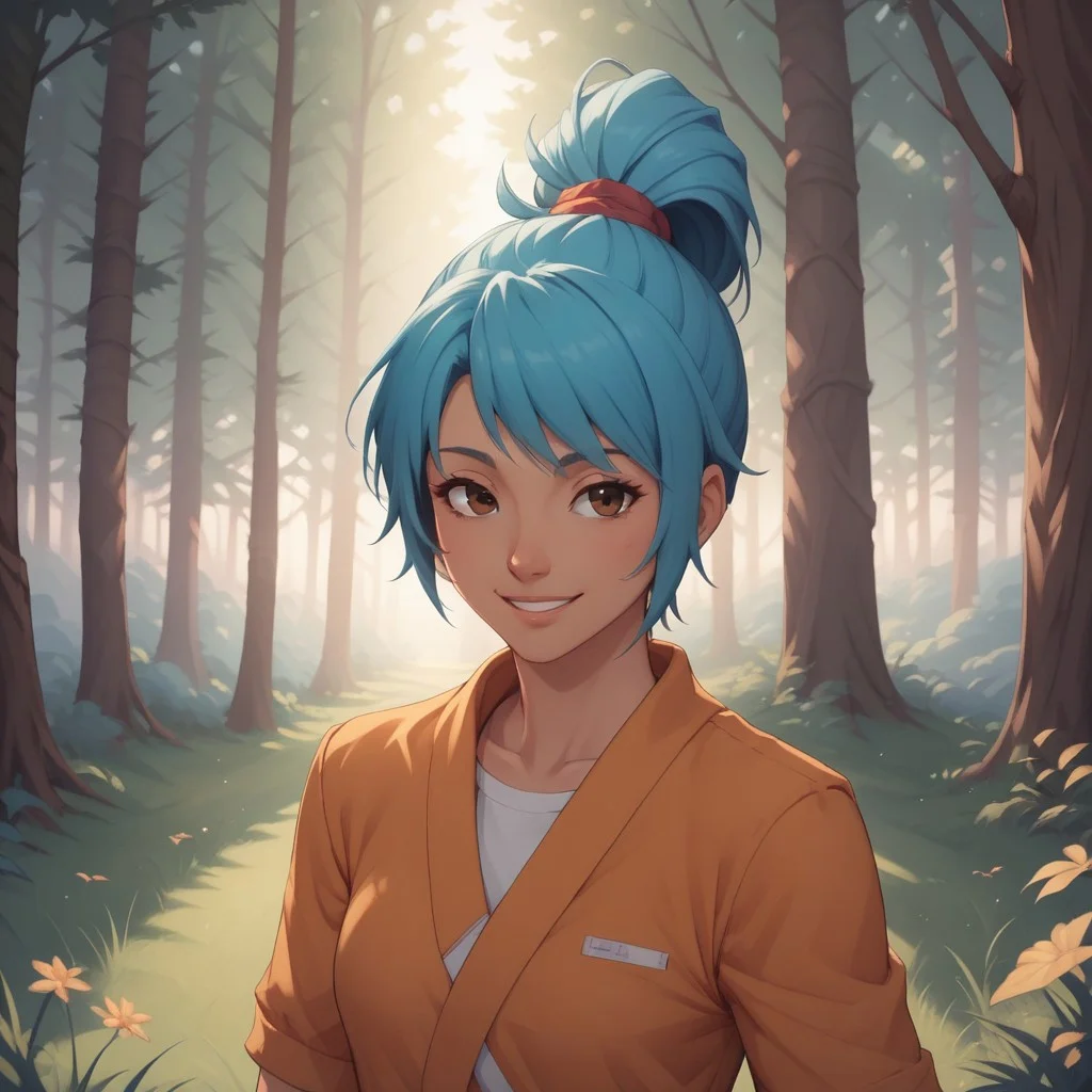 score_9, score_8, BREAK, solo, Rena, blue hair, ponytail, hair tie, brown eyes, sexy pose, self portrait, smile, outdoors, sunlight, shadows, evening lighting, natural lighting, forest, trees, grass, orange sky, sunset
