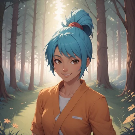 score_9, score_8, BREAK, solo, Rena, blue hair, ponytail, hair tie, brown eyes, sexy pose, self portrait, smile, outdoors, sunlight, shadows, evening lighting, natural lighting, forest, trees, grass, orange sky, sunset