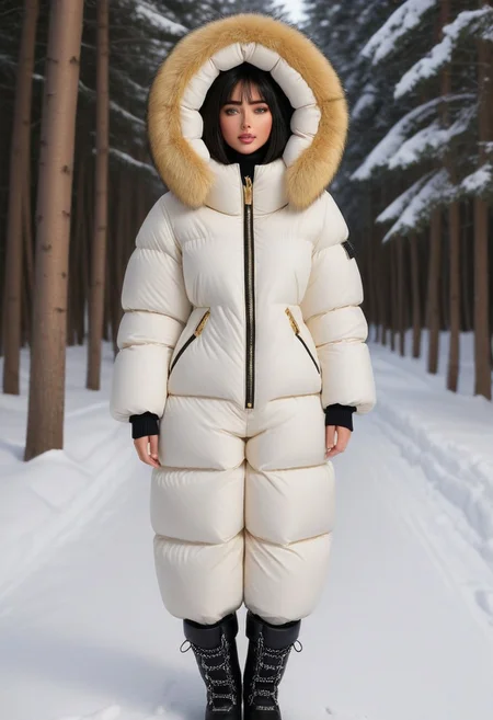 ((((puffer padded jacket)))), ((((puffer padded coat)))), ((((full body)))), ((((fur boots)))), ((((puffer pants)))), ((((puffer hood up)))), winter, snow, forest, 1girl, solo, (masterpiece), detailed face, detailed eyes, (beautiful detailed eyes:1.5), sidelighting, (super detail, hyper detail, intricate_details, detailed), (semi realistic:1.6), (Bob cut), blunt bangs,(black hair), (purple eyes, eyelashs), smug smile, angry face, Golden jewelery, golden rings, golden necklace, golden armlets, padded cuffs, padded collar, Thick padded cuffs, Thick padded collar, <lora:Collar-SDXL:0.6>, <lora:Cuffs-SDXL:0.6>, <lora:Puffer_Jacket_and_Down_Jacket_-_Extra_Puffy_Jackets:0.4>, <lora:snowpants_v1:0.4>