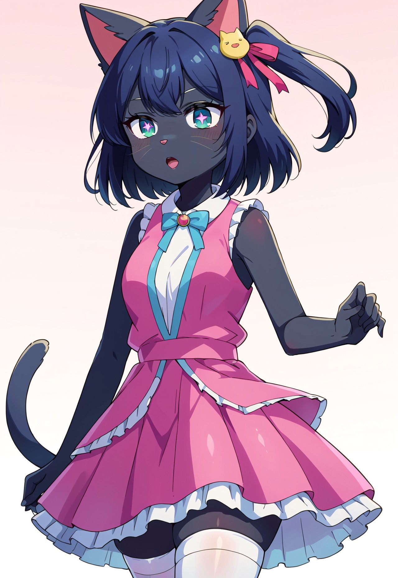 score_9, score_8_up, score_7_up, source_furry, anthro female, cat, mitsuyayuki, symbol-shaped pupils, one side up, hair ornament, hair ribbon, skirt, thighhighs, white thighhighs, zettai ryouiki, idol, dress, pink dress, sleeveless, pink skirt, frilled skirt, bare shoulders, collar, white collar,