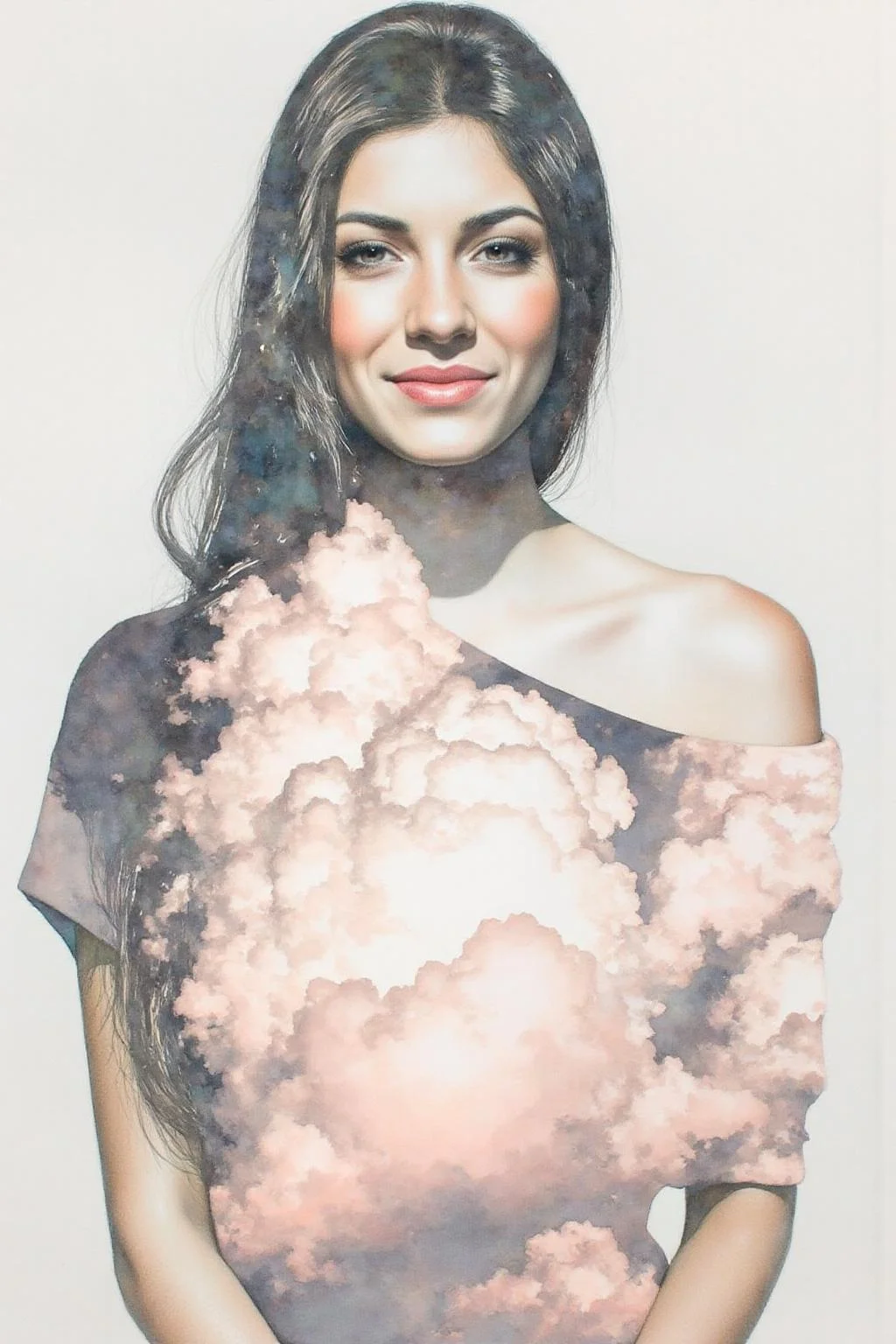 Portrait painting.
A woman with long, dark hair wearing a one-shoulder top. The fabric features a watercolor-like design that blends seamlessly with clouds. <lora:doubleexpopainting1_cap_d6a3e13:1.0><lora:850317379643687481:0>