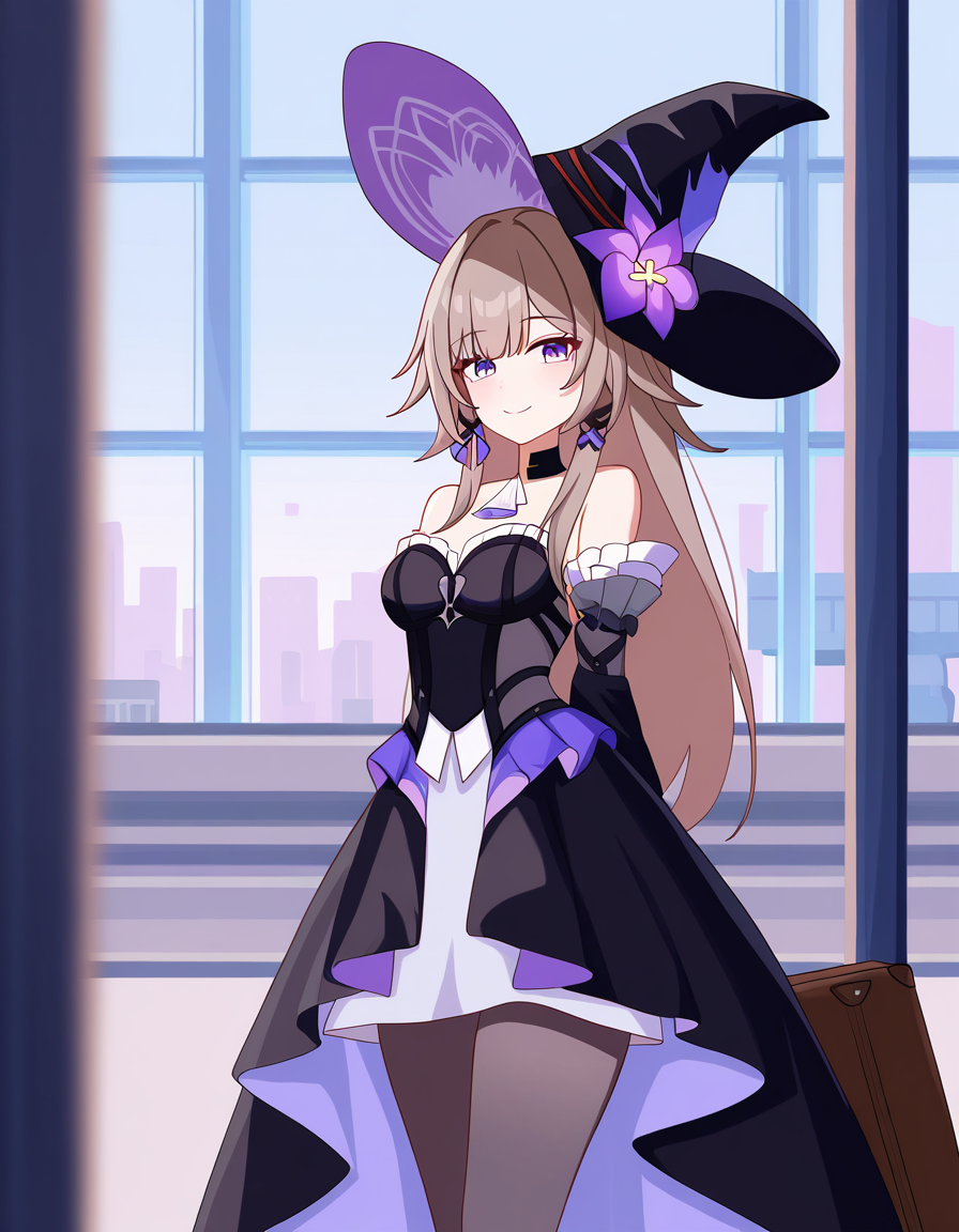 masterpiece, best quality, newest, absurdres, highres, safe,, <lora:the-herta-illustriousxl-lora-nochekaiser:1>, the herta, the herta (honkai: star rail), brown hair, long hair, purple eyes, medium breasts,, bare shoulders, black dress, black hat, detached sleeves, hat, hat flower, hat ornament, long sleeves, pantyhose, witch hat, train station, waiting for train, suitcase, traveling, commute, city skyline, hands behind back, smile, hand behind head, , looking at viewer, solo,, cowboy shot, solo