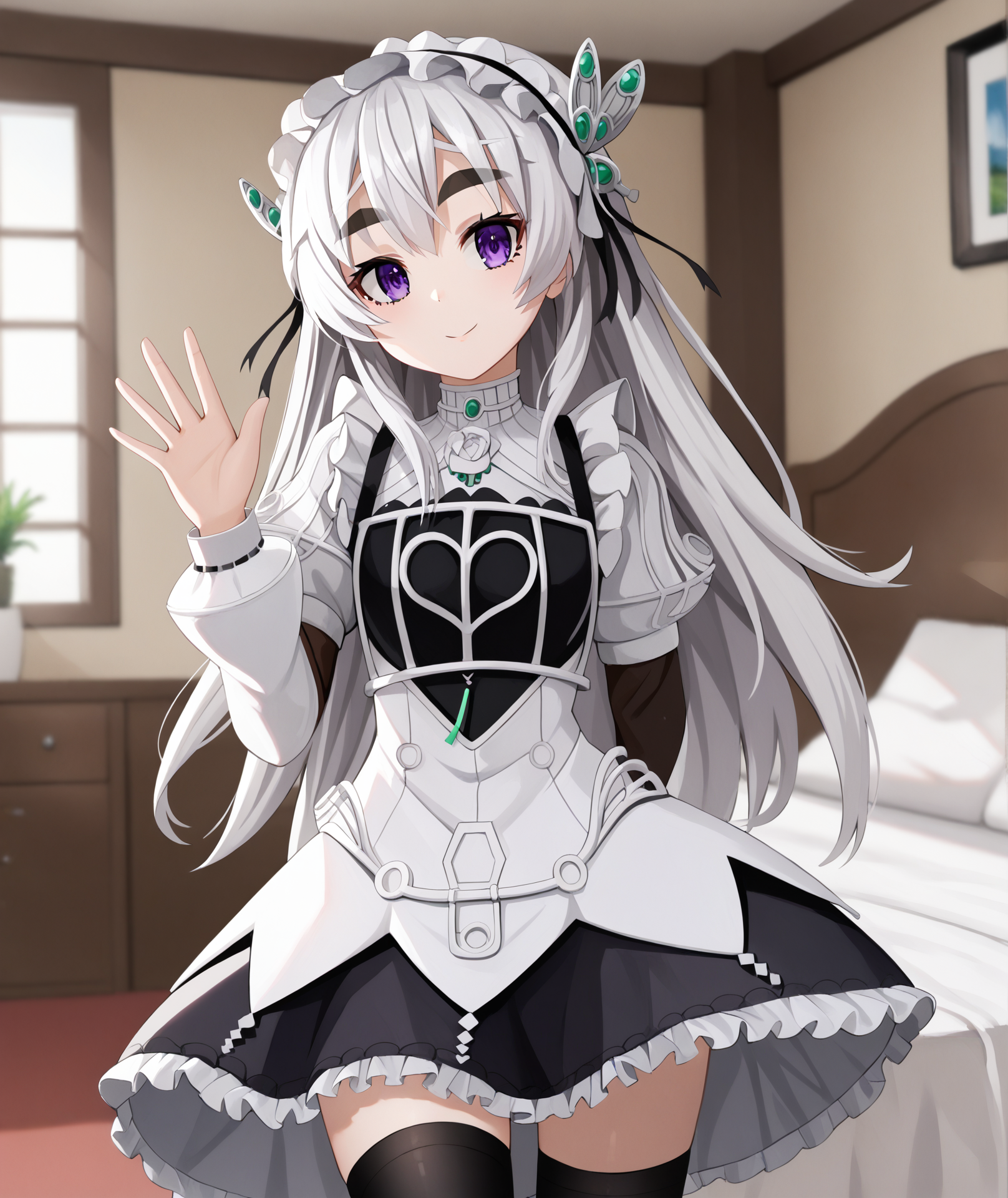 score_9, score_8_up, best quality, masterpiece, 2d, intricate details, official style, anime, 4k, anime style, beautiful face,
1girl, solo, female, long hair, purple eyes, thick eyebrows, white hair, grey hair, hair ornament, 
long sleeves, dress, thighhighs, frills, hairband, puffy sleeves, black thighhighs,
waving, waving arm, arm behind back,
indoors, inside, bed, bed sheet, bedroom, foreshortening, looking at viewer, cowboy shot, <lora:Chaika1024_Pony:1>, chaika trabant,