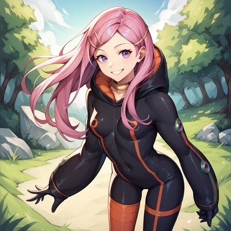 <lora:Anemone - Eureka Seven-000005:1>, 1girl, solo, AnemoneE7, long hair, pink hair, purple eyes, hair ornament, hairclip, collar, choker, neck ring "black bodysuit,hood,skin tight,single vertical stripe,asymmetrical legwear", standing, cowboy shot, smile, outdoors, score_9, score_8_up, score_7_up, score_6_up, score_5_up, score_4_up, source_anime