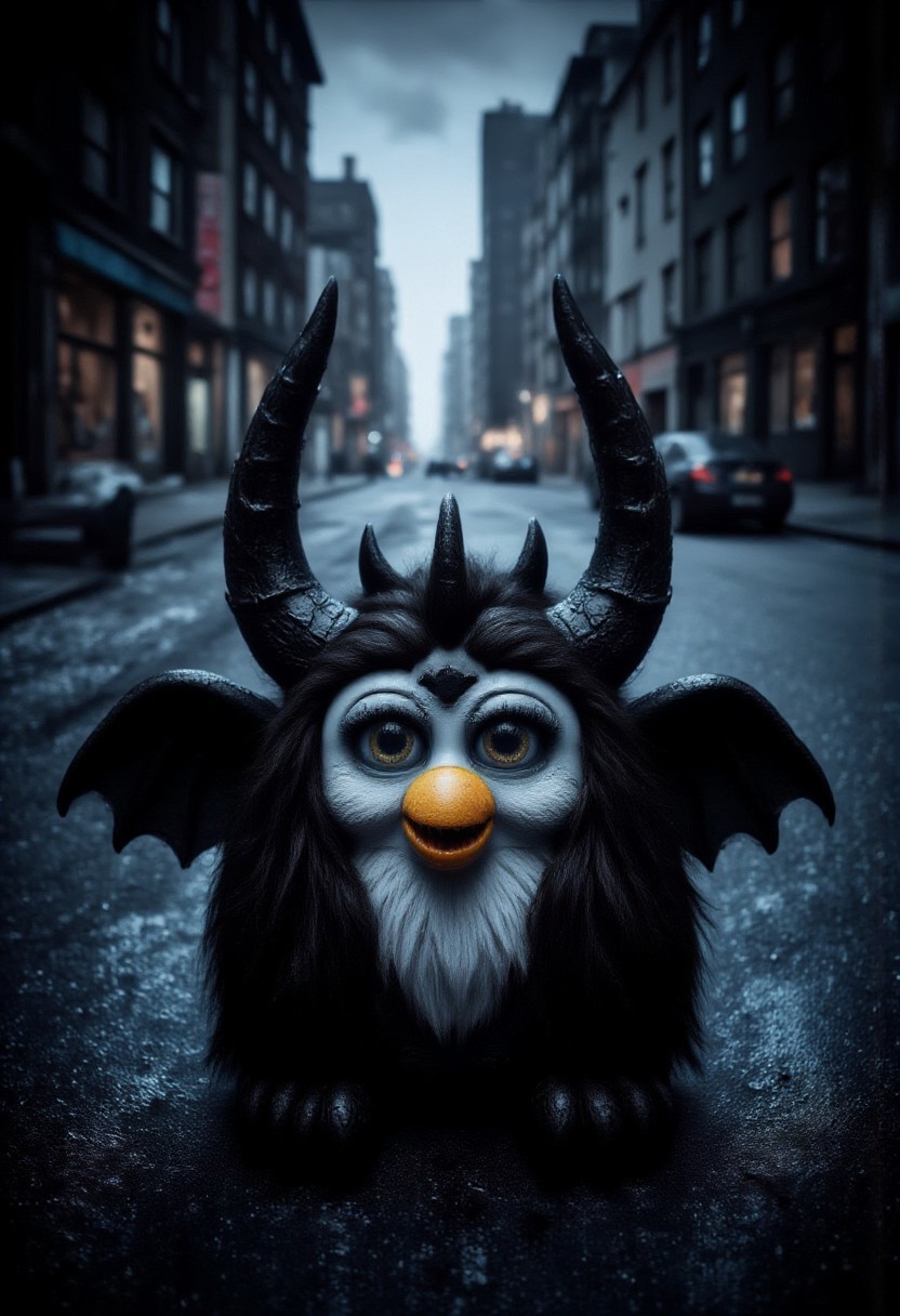 Photograph of a Furby plush toy, designed to look like Batman, sitting in a dark scary city street. aidmaHalloweenBoost