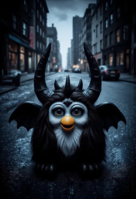 Photograph of a Furby plush toy, designed to look like Batman, sitting in a dark scary city street. aidmaHalloweenBoost