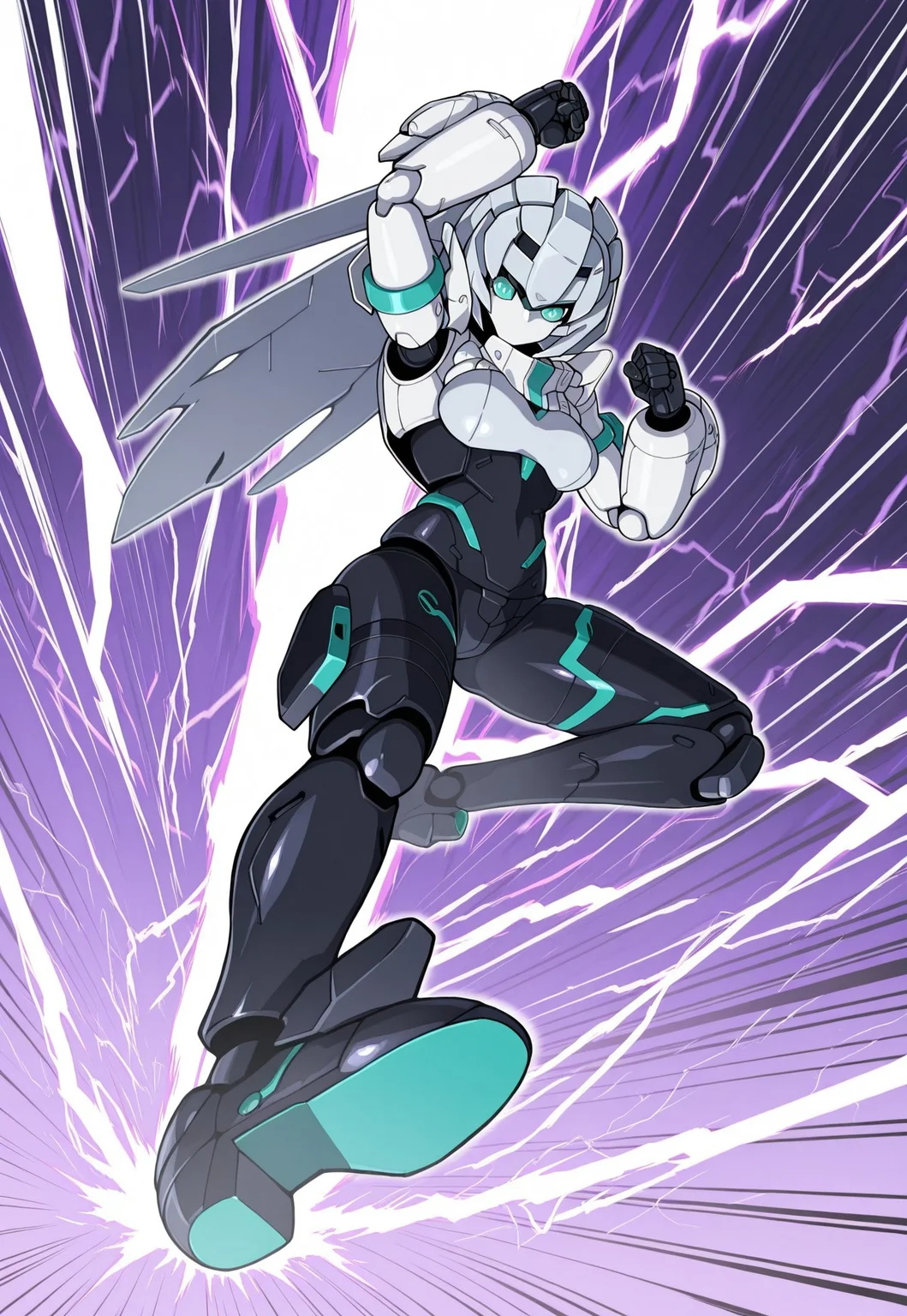 masterpiece,best quality,amazing quality,
1girl, solo,
gbdMDM,
mecha, robot girl, grey hair, aqua eyes, no mouth, breasts, robot joints,
gnb_inzm, one fist raised, jumping, drop kick, lightning, speed lines, one knee up