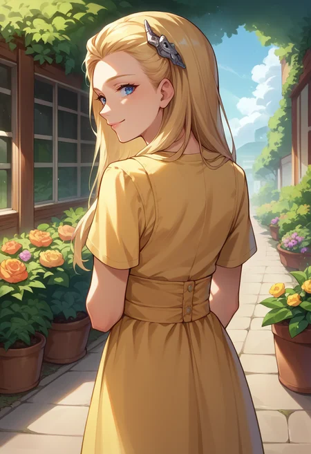 score_9, score_8_up, score_7_up, source_anime, 1girl, solo, louisasmtj, long hair, blonde hair, blue eyes, hairclip, from behind, yellow sundress, garden, day, sunshine, smile, looking back, <lora:zs_LouisaXL:1>