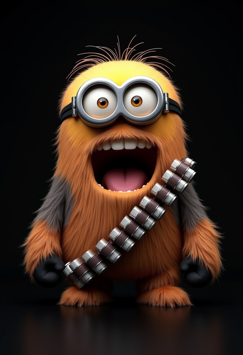 A minion from despicable me, covered in fur, looks like Chewbacca, ammo belt, wookie, roaring, masterpiece, great quality, highly detailed, 4k, pitch black background
