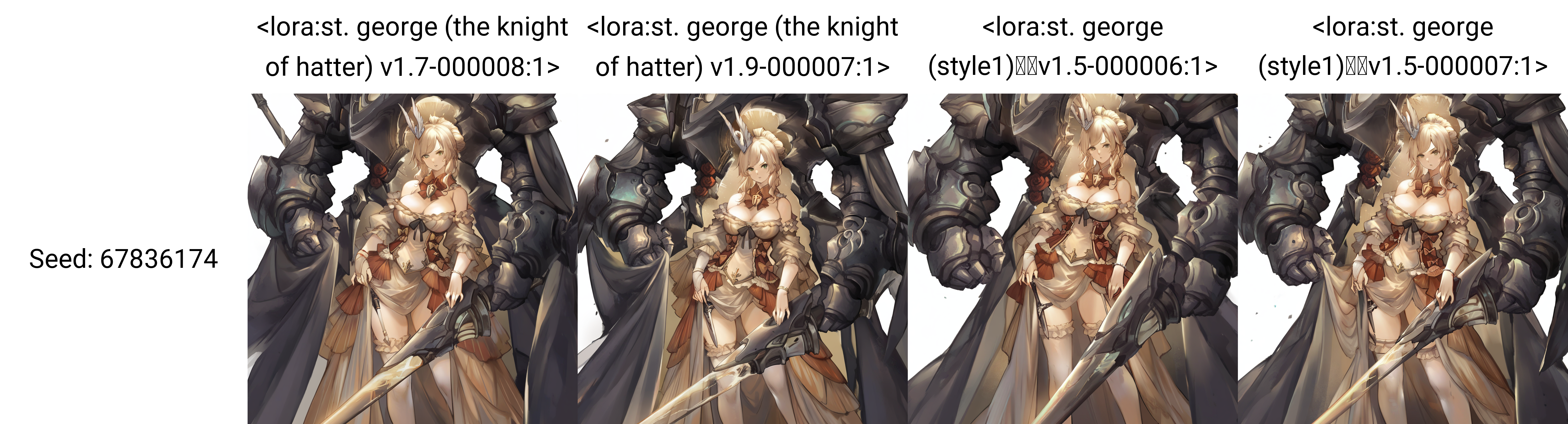 st. george (style3),1girl,cleavage,solo,looking at viewer,bare shoulders,red flower,long hair,frilled dress,red bow,polearm,huge weapon,lance,weapon,dagger,standing,dress,swan hair ornament,swan,shield,red bowtie,shield bowtie,detached collar,bow,black bow,skirt hold,rose,red rose,flower,large breasts,puffy detached sleeves,puffy short sleeves,detached sleeves,frills,green eyes,braid,single hair bun,updo,ponytail,sidelocks,parted lips,head tilt,knight,robot,mecha,armor,full armor,arm shield,blonde hair,rigging,black dress,wristband,jewelry,fingerless gloves,single glove,single fingerless glove,two-tone dress,white dress,red dress,breasts,off-shoulder dress,gauntlets,protect,feet out of frame,cockpit,white thighhighs,frilled thighhighs,planted spear,spear,holding weapon,holding polearm,holding,bident,white background,<lora:st. george (the knight of hatter) v1.7-000008:1>,