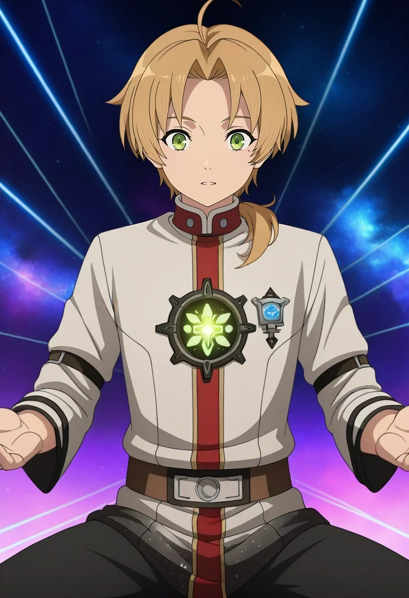 masterpiece, best quality, anime screencap, anime coloring, official style, 1boy, solo, male focus, <lora:rudeus_greyrat_ilxl:0.9>, rudeus_greyrat, blonde hair, green eyes, short hair, bangs, parted bangs, ahoge, low ponytail, nebula sanctum, cosmic mosaics, glowing domes, star trails, meditating pose, inspired expression, galaxy glow