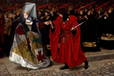 edwinabbey1 painting.
A scene in a medieval European town square, depicting a funeral procession. A English noblewoman, Lady Anne, dressed in a white and black gown with intricate embroidery, is being followed by a hunchback, Richard the Third, in a rich red robe, who holds a sword in one hand. The queen's veil, sheer and flowing, is adorned with heraldic symbols including a red cross and a green eagle. Behind them, a procession of female mourners dressed in black robes carry red staffs, their faces solemn and grieving.
<lora:edwinabbey1_cap_d6a3:1.0><lora:837009793932825710:0>
