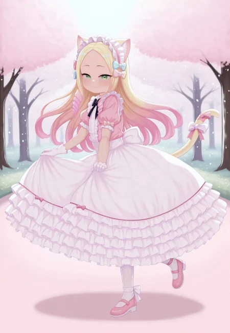 atg_(wttoo0202) , 1girl, catgirl, green eyes, blonde cat ears, blonde cat tail, blonde hair, two-tone hair, gradient hair, multicolored hair, pink tips, pink highlights, pink streaks, masterpiece, best quality, absurdres, 
(pastel theme, lolitafashion:1.2), pastel lolitafashion, sweet lolitadress, shiny lolitadress, victorian dress, kawaii, cute, moe, puffy padded dress, petticoat, puffy sleeves, pastel colors, pastel pink, pastel blue, frilled wide skirt, white pantyhose, pastel dress, puffy sleeves, gloves, pastel headdress, many bows, multiple bows, ribbons, frills, frilled fabric, center frills, sparkles, glitter, cute lolitashoes, leg ribbon, tail ornament, tail ribbon, tail bow,
outdoors, nature, park, cherry blossom trees,
(solo:1.2), from side, standing on one leg, full body, dynamic pose, dutch angle, looking at viewer, happy smile, skirt hold,
intricate, highly detailed, majestic, shallow depth of field, movie still, circular polarizer
