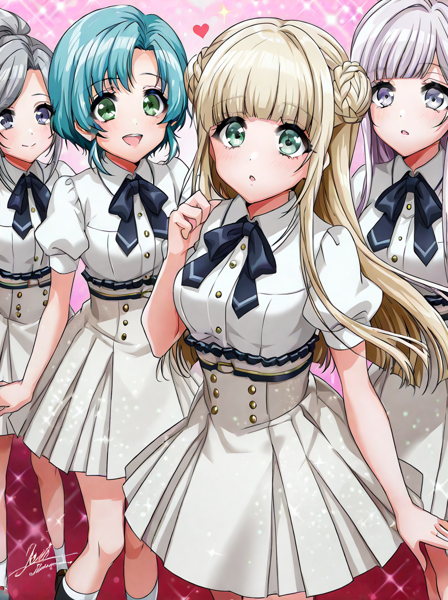 shiny skin, posing,
<lora:d4dj.il:1>,
d4dj,
(4girls:1.5),
noa, saki, ibuki, towa,
heart, bloom, sparkle, glitter,
bandaaa,