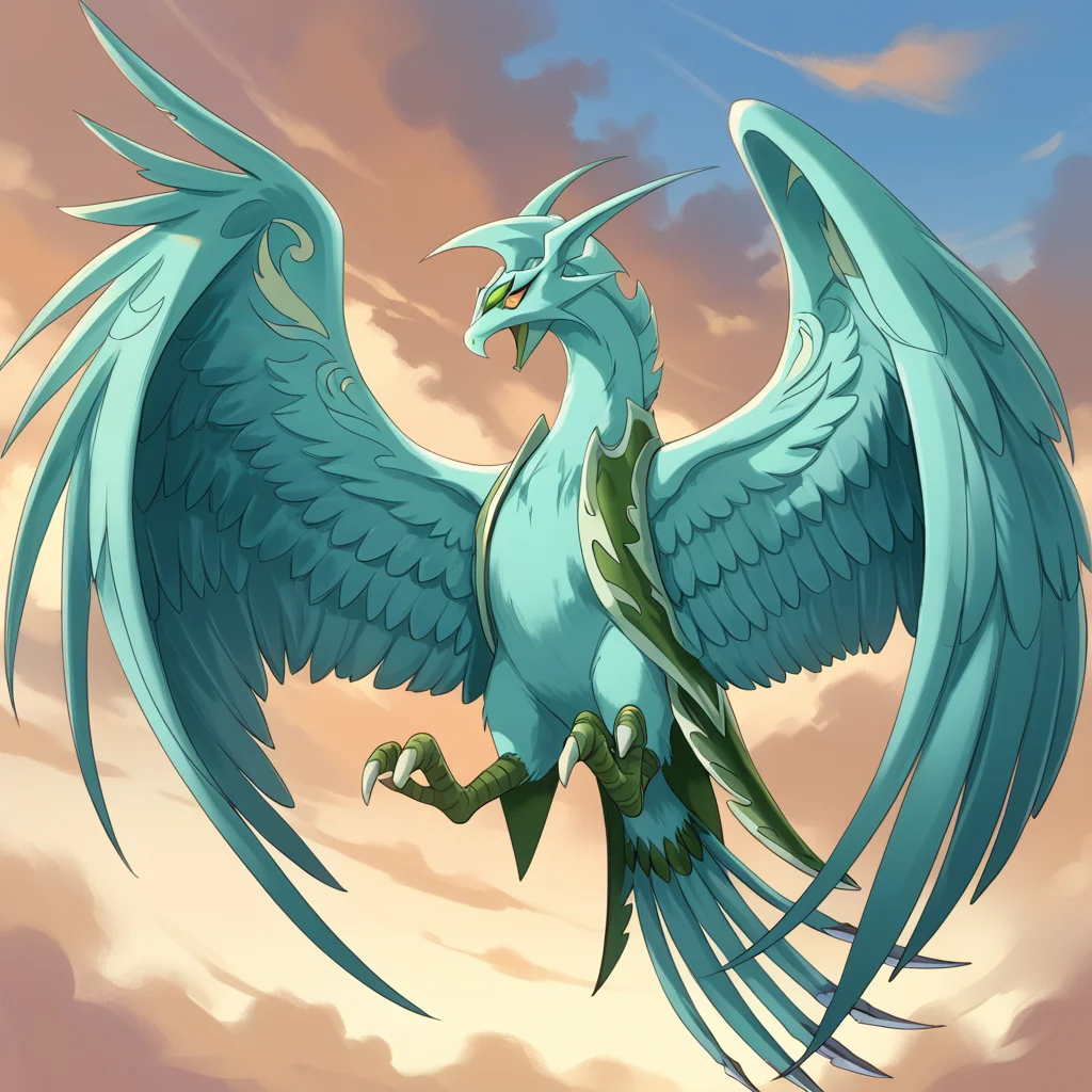 (score_9:0.9),score_8_up,score_7_up,rating_safe,(zPDXL3),
<lora:Bakugan - Skyress ponyXL v1.1:0.77>,
skyress,solo,talons,flying,outdoors,cloudy sky,green bird,animal focus,fangs,twilight,blurry,from side,full body,open mouth,