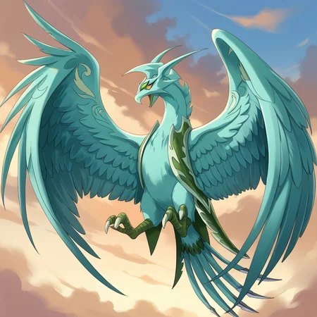 (score_9:0.9),score_8_up,score_7_up,rating_safe,(zPDXL3),
<lora:Bakugan - Skyress ponyXL v1.1:0.77>,
skyress,solo,talons,flying,outdoors,cloudy sky,green bird,animal focus,fangs,twilight,blurry,from side,full body,open mouth,