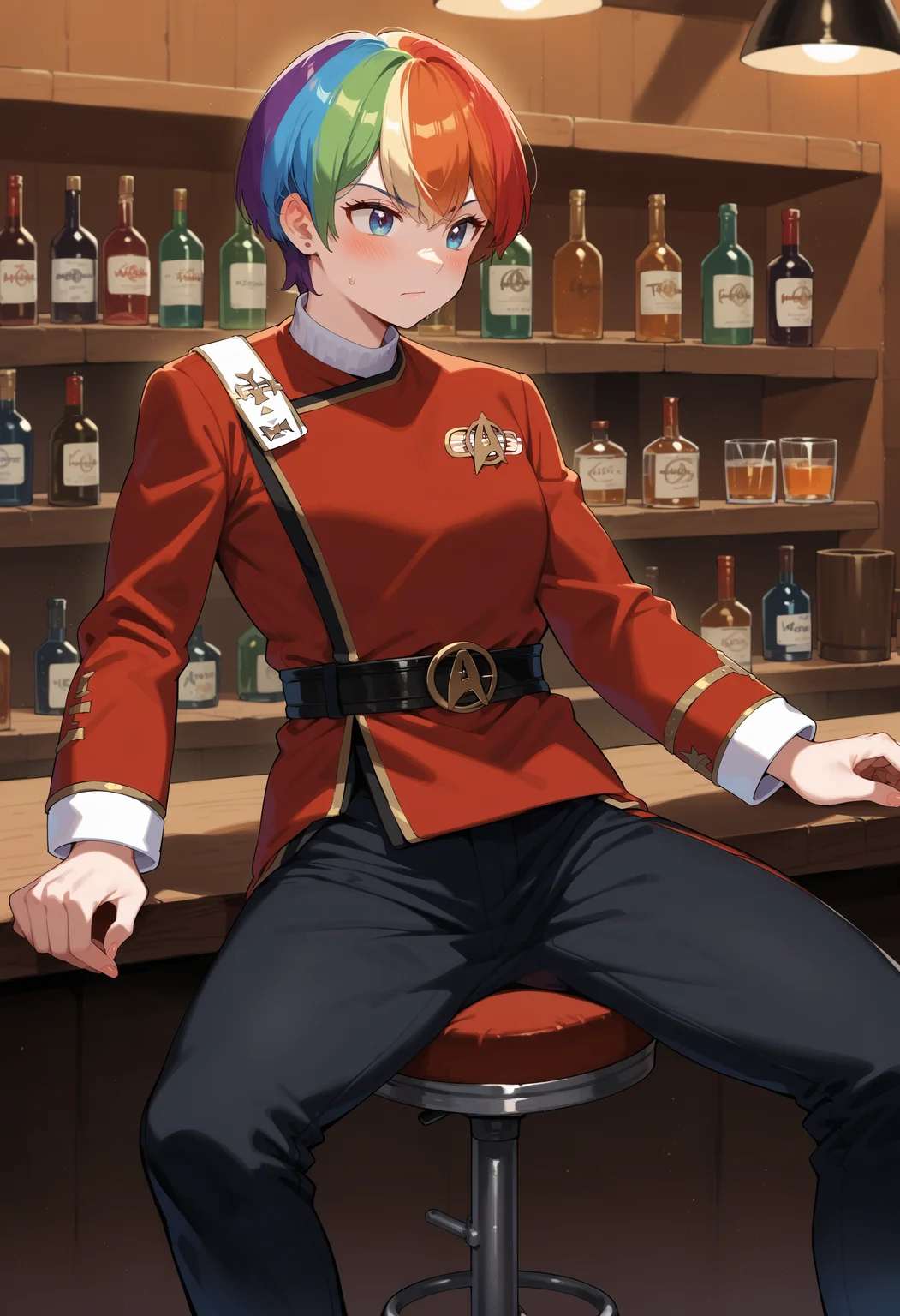 score_9, score_8_up, score_7_up, 1girl,rainbow hair,
sitting on a stool ,in a bar,
twokunf,star trek red uniform,long sleeves,black belt,black pants<lora:TWOKpony>