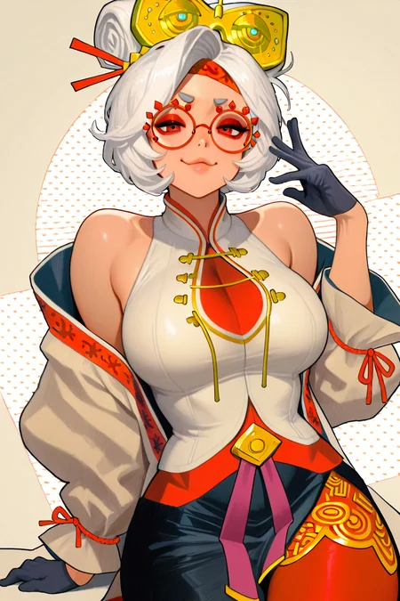 masterpiece, best quality, purah, white hair, red eyes, hair ornament, red headband, red glasses, sleeveless shirt, white coat, black skirt, red leggings, looking at viewer, smug, abstract background, gloves, lips, ,<lora:IckpotIXL_v1:1.0>,
