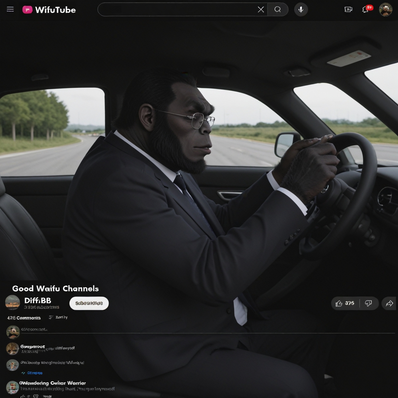 score_9, score_8_up, score_7_up, score_6_up, score_5_up, score_4_up, source_anime, very aesthetic, best quality, masterpiece, absurdres
BREAK
(Gorilla:1.2), suits, gorilla, glasses, tie, looking at viewer
Driving a car, inside car, steering wheel, Ferrari, Moving fast
youtuber
from side
<lora:Video_Sharing_Screen:0.8>, video_sharing_screen, fake screenshot, chat log, english text, <lora:sdxl_lightning_8step_lora:1>