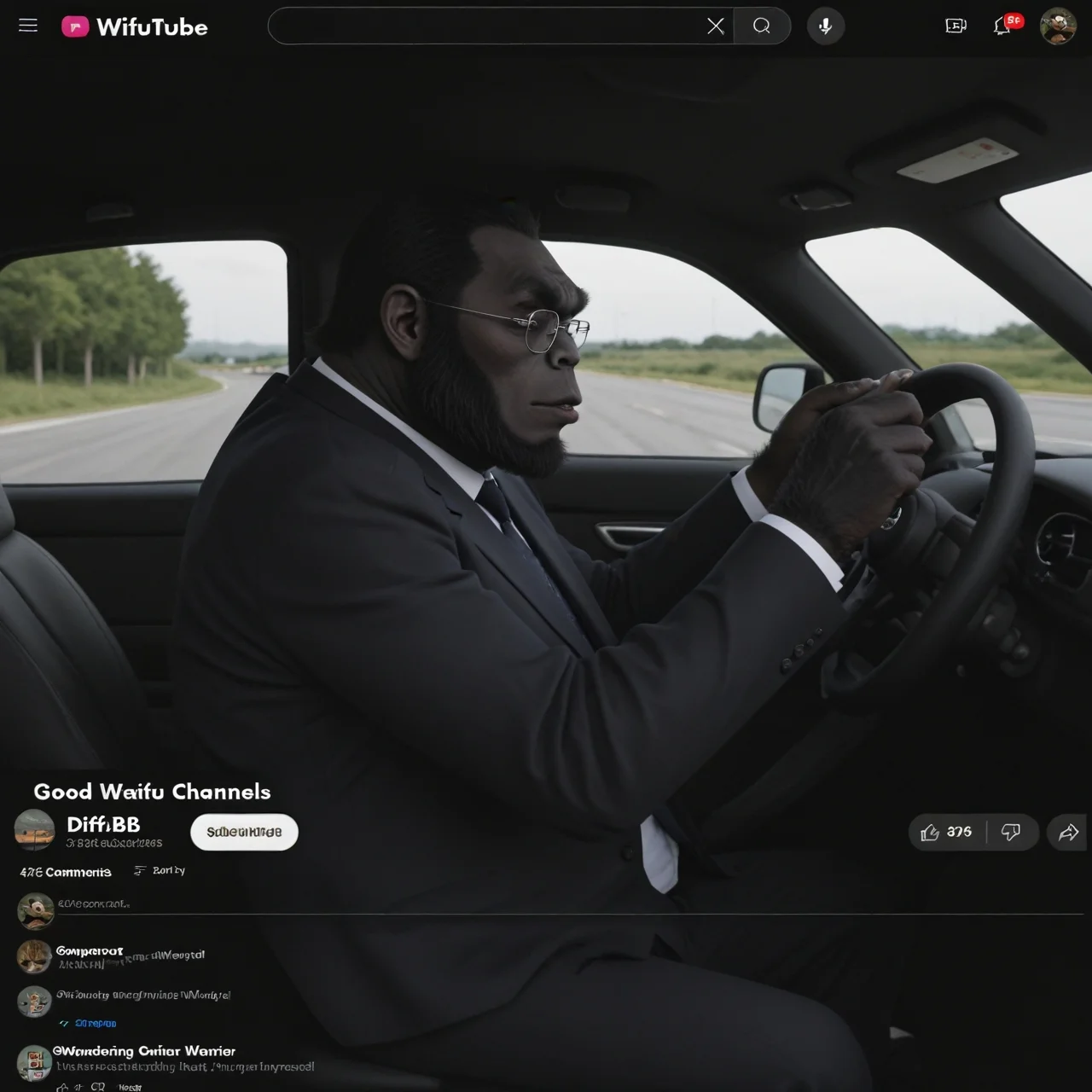score_9, score_8_up, score_7_up, score_6_up, score_5_up, score_4_up, source_anime, very aesthetic, best quality, masterpiece, absurdres
BREAK
(Gorilla:1.2), suits, gorilla, glasses, tie, looking at viewer
Driving a car, inside car, steering wheel, Ferrari, Moving fast
youtuber
from side
<lora:Video_Sharing_Screen:0.8>, video_sharing_screen, fake screenshot, chat log, english text, <lora:sdxl_lightning_8step_lora:1>