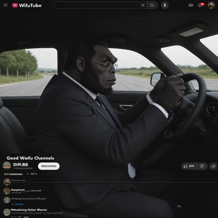 score_9, score_8_up, score_7_up, score_6_up, score_5_up, score_4_up, source_anime, very aesthetic, best quality, masterpiece, absurdres
BREAK
(Gorilla:1.2), suits, gorilla, glasses, tie, looking at viewer
Driving a car, inside car, steering wheel, Ferrari, Moving fast
youtuber
from side
<lora:Video_Sharing_Screen:0.8>, video_sharing_screen, fake screenshot, chat log, english text, <lora:sdxl_lightning_8step_lora:1>