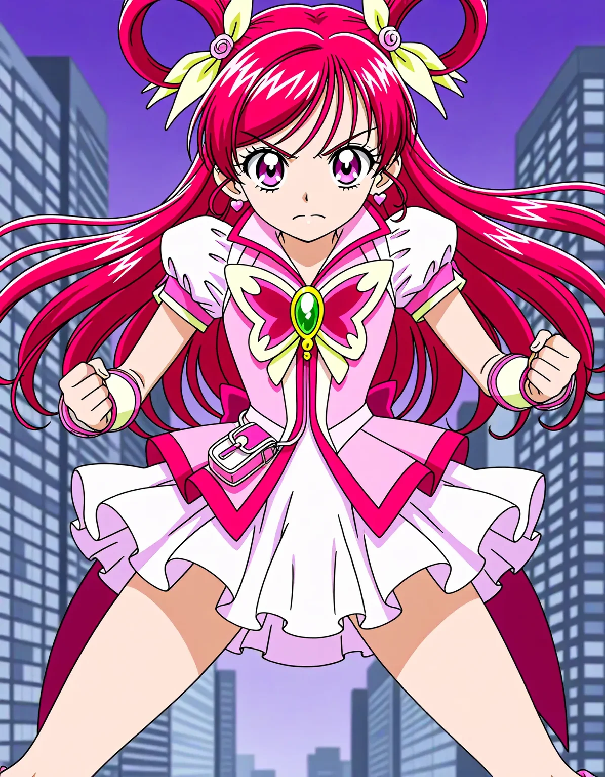 <lora:dmd2_sdxl_4step:1>,1girl,official style,masterpiece,best quality,newest,very aesthetic,highly detailed,high resolution,absurdres,highres,depth of field,super detailed skin,very awa,Anime,anime coloring,anime screencap,<lora:cure_dream_V1:1>,cure dream,angry,abstract_background,thighs,city,ć»lć¢ćgweapon,fighting_stance,posing,