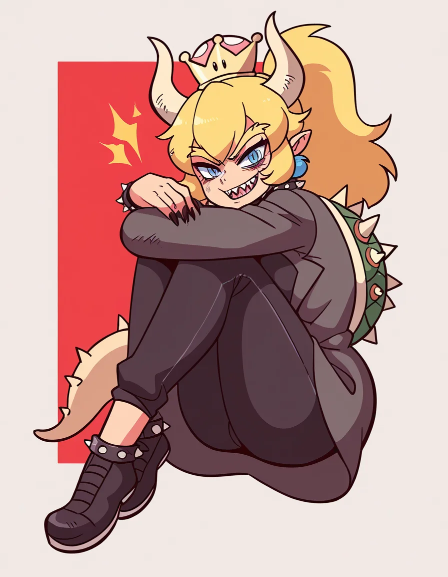 zPDXL, score_9, score_8_up, score_7_up, source_anime, 1girl, solo,
<lora:diives_v2:1> diives, (portrait), Bowsette, blonde hair, ponytail, sharp teeth, spikey tail, spikey shell, giggling, hugging_own_legs, yakuza, burn scar, yakuza tattoos, wearing a red trench coat, suit pants, leather shoes