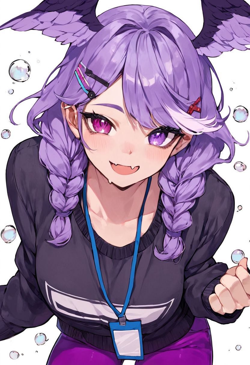 rating_explicit, (score_9, score_8_up, score_7_up, score_6_up, score_5_up, score_4_up), source_anime, Mevak_PS, 1girl, selen tatsuki, head wings, virtual youtuber, black sweater, heterochromia, braid, twin braids, purple eyes, smile, purple pants, hairclip, purple hair, hair ornament, medium hair, lanyard, bubble, looking at viewer, bangs, skin fang, white background