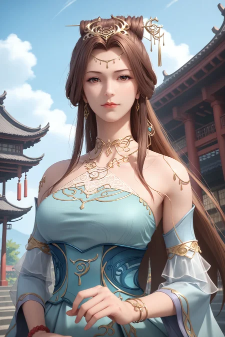 score_9, score_8_up, score_8, source_real,real skin, rating_explicit, ExpresiveH, best quality, unreal engine,game,cg, very aesthetic, CG, masterpiece, ultra high res, highres, More Details, high rating,Intricate and refined delicate details, looking at viewer,
<lora:age_slider_v4:4>,
<lora:sulingyun:1>, 1girl, solo, long hair, dress, brown hair, hair ornament, upper body, detached sleeves, necklace, bracelet, blue dress, jewelry, hair bun, bare shoulders, closed mouth, blue sky, sky, outdoors, east asian architecture, upper body,