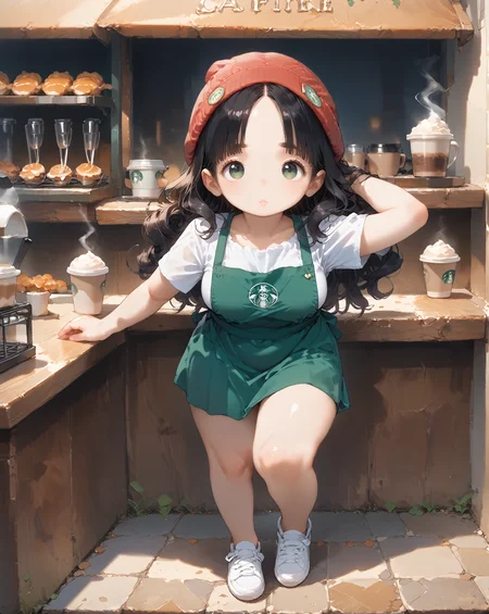 score_9, score_8_up, score_7_up, score_6_up, source_anime, rating_safe, ah1, 1girl, (curly hair), long hair, (black hair), mature female, (parted hair:1.7), (round face), (no_bangs:1.3), (no_fringe:1.6), looking at viewer, (thick eyebrows), (curvy), round-chin, (greenish hazel eyes), caucasian, (downturned eyes), <lora:ETO_OCPonyXL:0.5> eto_oc, plump, thick thighs, wide hips, busty, voluptuous, kinky curls, lips, bad-hands-5, (Hands clasped behind the head, reclining), (friendly barista, wearing a name tag, carrying a clipboard, a pair of stylish gloves, beanie, vintage barista shirt, skirt, full-length apron, slip-on shoes), in coffee-shop, at morning, ((Fed up expression)), <lora:venus body PonyXL:0.8>, <lora:xl_more_art-full_v1:0.4>, <lora:shinyskin2:0.3> glistening skin, <lora:aesthetic_anime_v1s:0.4>, <lora:Expressive_H:0.4> Expressiveh, <lora:hairdetailpxl:0.4> hairdetailpxl, <lora:EpicF4nta5yXL:0.4>, <lora:detailxl:0.4> detailxl, <lora:Fant5yP0ny:0.4>, best quality, amazing quality, best aesthetic, absurdres, <lora:expressive eyes:0.4> expressive eyes, (vanishing point), <lora:eyedetailpxl:0.4> eyedetailpxl,