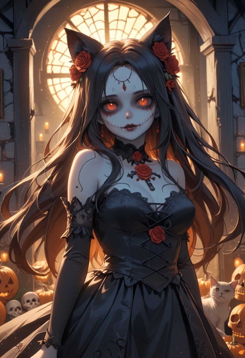 score_9, score_8_up, score_7_up, score_6_up, dynamic, (anime, masterpiece), best quality, (8k), detailed background, sharp focus, intricate, ambient lighting, super high quality, hyper detailed background, cinematic lighting, adult, double tone long hair, mature, Day of the Dead, embedding:zPDXLxxx, spooky, cat ears, long dress, posing, abandoned house, addDetailXl.MLUV, Nyaomi<lora:Nyaomi.safetensors:1.0:1.0> <lora:addDetailXl.MLUV.safetensors:1.0:1.0>