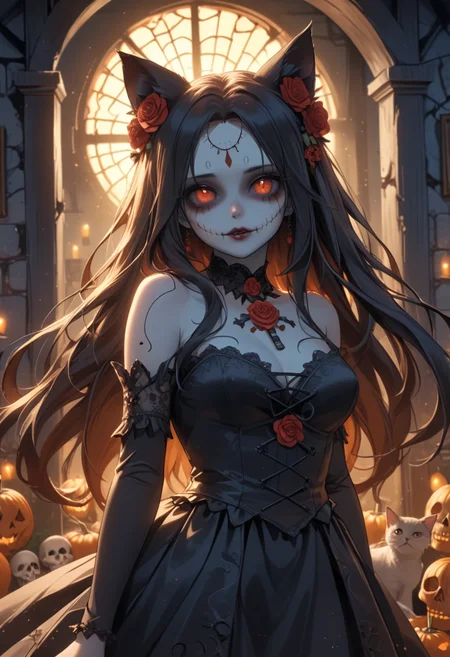 score_9, score_8_up, score_7_up, score_6_up, dynamic, (anime, masterpiece), best quality, (8k), detailed background, sharp focus, intricate, ambient lighting, super high quality, hyper detailed background, cinematic lighting, adult, double tone long hair, mature, Day of the Dead, embedding:zPDXLxxx, spooky, cat ears, long dress, posing, abandoned house, addDetailXl.MLUV, Nyaomi<lora:Nyaomi.safetensors:1.0:1.0> <lora:addDetailXl.MLUV.safetensors:1.0:1.0>