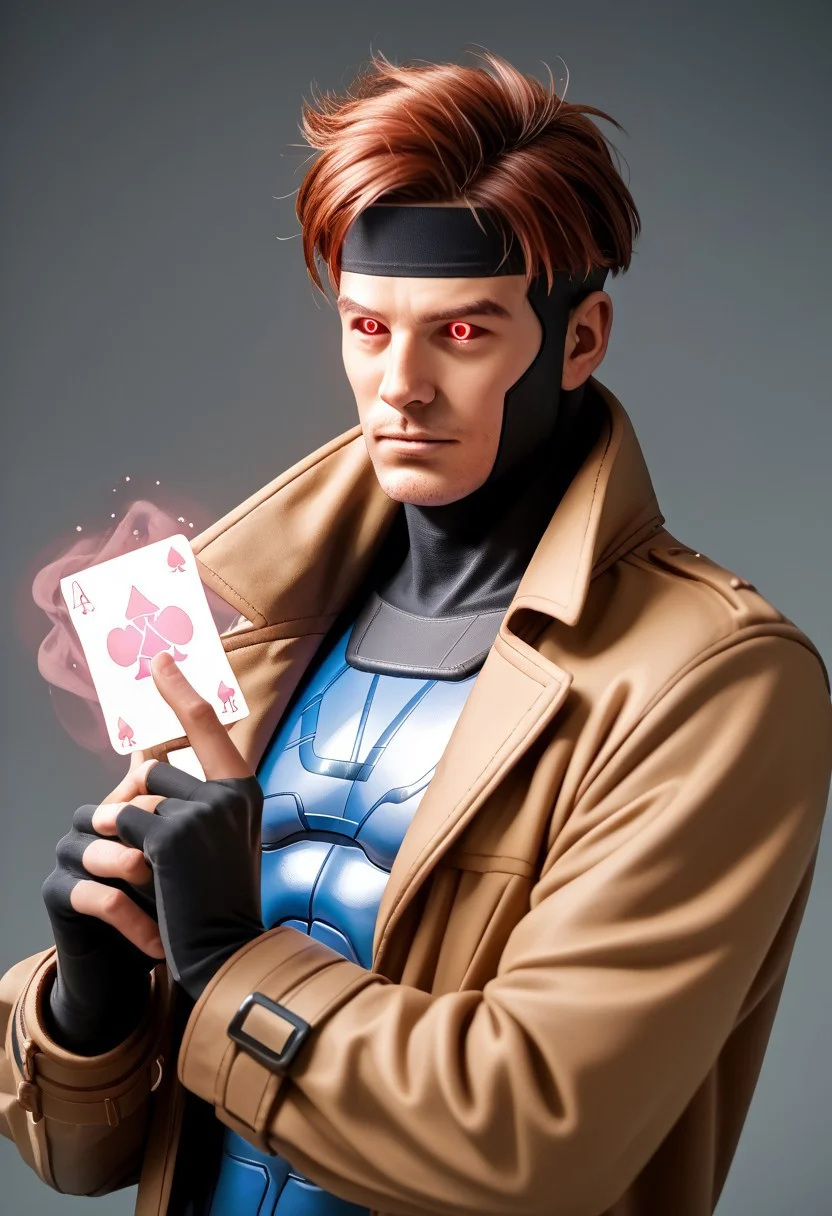 Dsk_Remy_Lebeau, 1boy, bodysuit , auburn hair, black sclera, card, coat, colored sclera, fingerless gloves, gloves, glowing, headband, holding, male focus, red eyes, solo, trench coat, magic, holding cards, glowing, extreme light and shadow, upper body, detailed eyes, portrait photography, cinematic lighting, cinematic angle, score_9, score_8_up, score_7_up, score_6_up, score_5_up, score_4_up,