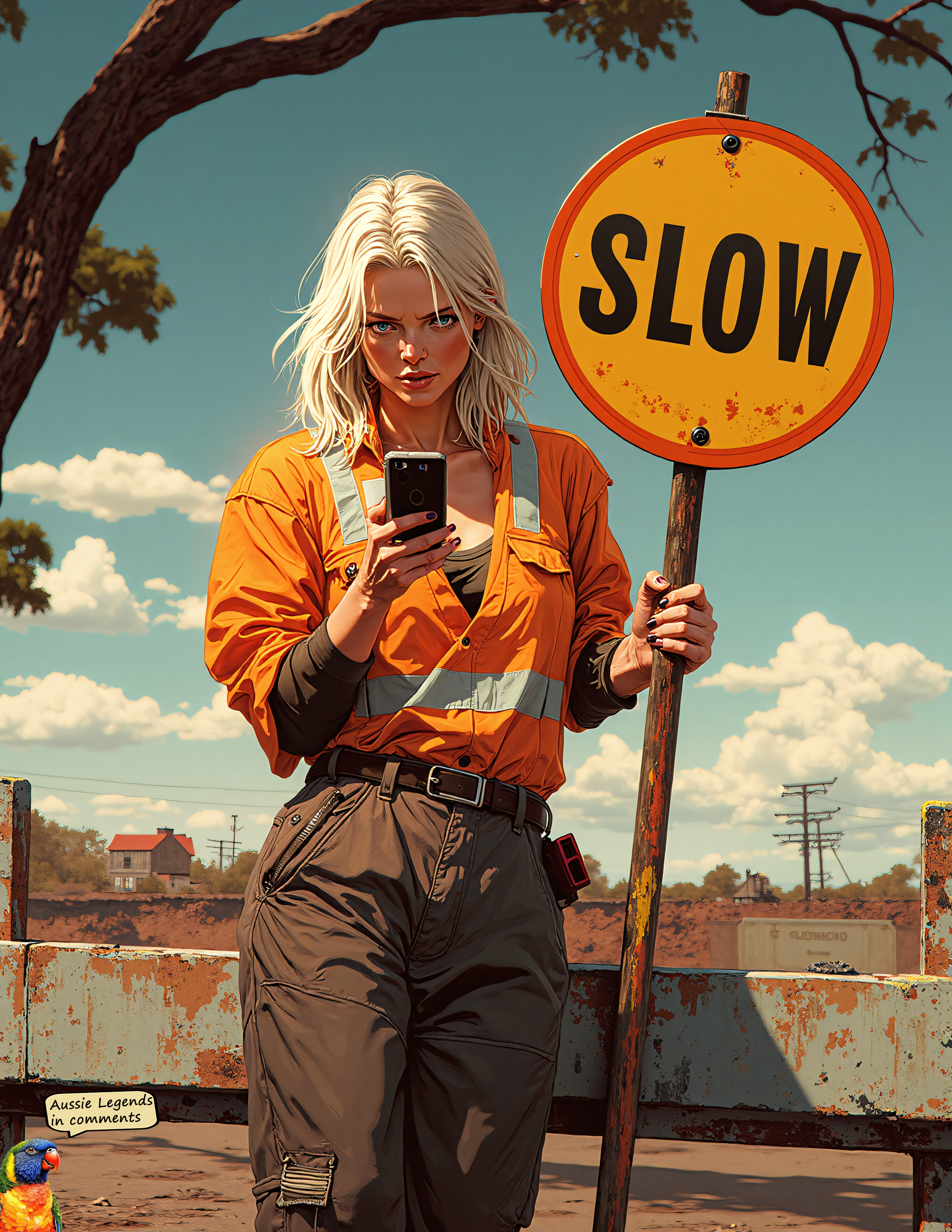 an ugly woman stands lazily, leaning against a handheld traffic controller’s "SLOW" sign, the circular sign painted bright yellow with bold black lettering spelling out "SLOW." She grips it loosely with one hand while leaning her weight against it, her posture slouched and apathetic. Dressed in a loose, high-visibility orange work shirt with reflective strips and baggy, slightly dirt-streaked pants, she exudes an air of disinterest. Her platinum blonde hair, fraying with split ends, falls messily over her shoulders. She stares down at her phone with a disdainful expression, boredom etched into her features, her lips slightly pursed and eyes half-lidded. The background is minimal yet contextually rich, featuring a smattering of details that evoke an Australian construction setting. A battered metal road barrier leans at an angle nearby, while a discarded water bottle rests on the dusty ground. In the distance, the silhouette of a gum tree’s twisting branches and leaves hints at the dry, sun-bleached landscape. The overall composition captures a gritty, unpolished moment—raw, understated, and unmistakably authentic. Anime style cell shaded image