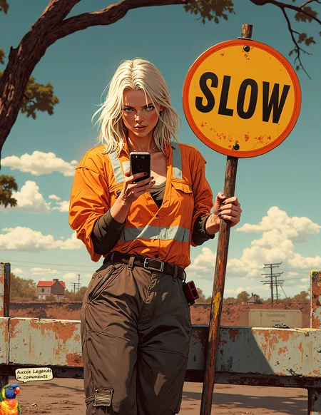 an ugly woman stands lazily, leaning against a handheld traffic controller’s "SLOW" sign, the circular sign painted bright yellow with bold black lettering spelling out "SLOW." She grips it loosely with one hand while leaning her weight against it, her posture slouched and apathetic. Dressed in a loose, high-visibility orange work shirt with reflective strips and baggy, slightly dirt-streaked pants, she exudes an air of disinterest. Her platinum blonde hair, fraying with split ends, falls messily over her shoulders. She stares down at her phone with a disdainful expression, boredom etched into her features, her lips slightly pursed and eyes half-lidded. The background is minimal yet contextually rich, featuring a smattering of details that evoke an Australian construction setting. A battered metal road barrier leans at an angle nearby, while a discarded water bottle rests on the dusty ground. In the distance, the silhouette of a gum tree’s twisting branches and leaves hints at the dry, sun-bleached landscape. The overall composition captures a gritty, unpolished moment—raw, understated, and unmistakably authentic. Anime style cell shaded image