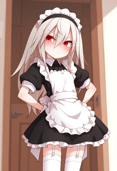 (best quality , masterpiece, good quality), sfw, general, 1girl, solo, eletrasan, long hair, red eyes, maid headdress, maid, short sleeves, white thighhighs, standing, cowboy shot, blush, thick eyelashes, <lora:eletra_ilxl:1>,