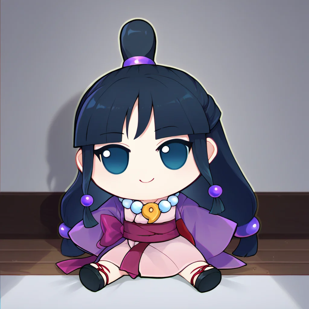 score_9, score_8_up, score_7_up, fumo \(doll\), chibi, solo, 1girl, maya fey, smile, sitting, half updo, hair ornament, japanese clothes, kimono, sash, necklace, magatama <lora:style_toyfumo_ponyXL-000006:1> <lora:aa_mayafey_ponyXL:1>