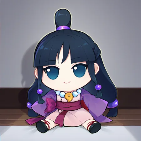score_9, score_8_up, score_7_up, fumo \(doll\), chibi, solo, 1girl, maya fey, smile, sitting, half updo, hair ornament, japanese clothes, kimono, sash, necklace, magatama <lora:style_toyfumo_ponyXL-000006:1> <lora:aa_mayafey_ponyXL:1>